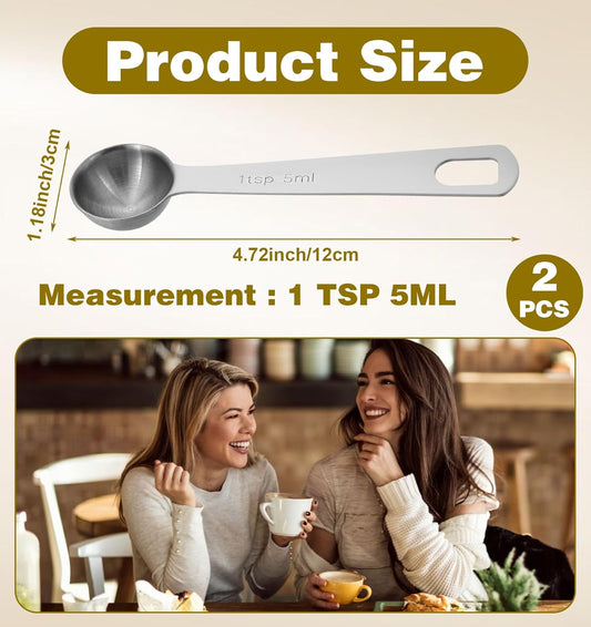 Tsp Measuring Spoon, 2Pcs 1 Teaspoons Measuring Spoon, Short Handle Stainless Steel Kitchen Tools for Precise Cooking Baking Spices, Easy Pouring Rust Resistant (5ml, Silver)