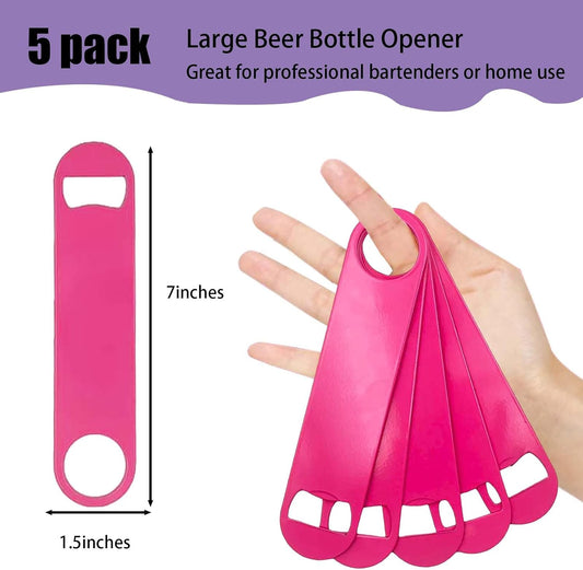 Pink Stainless Steel Flat Bottle Opener Set 5pcs, 7 Inch — | 5-Piece Stainless Steel Flat Bottle Openers, 7 Inch, Pink, Heavy Duty Solid Metal, Ergonomic Flat Design for Easy Storage