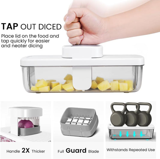 8-in-1 Vertical Vegetable Chopper Mandoline Slicer with Container White - Safe Tap Out Dicer with Hand Guard for Kitchen Easy Food Prep, Onion Potato Veggie Fruit