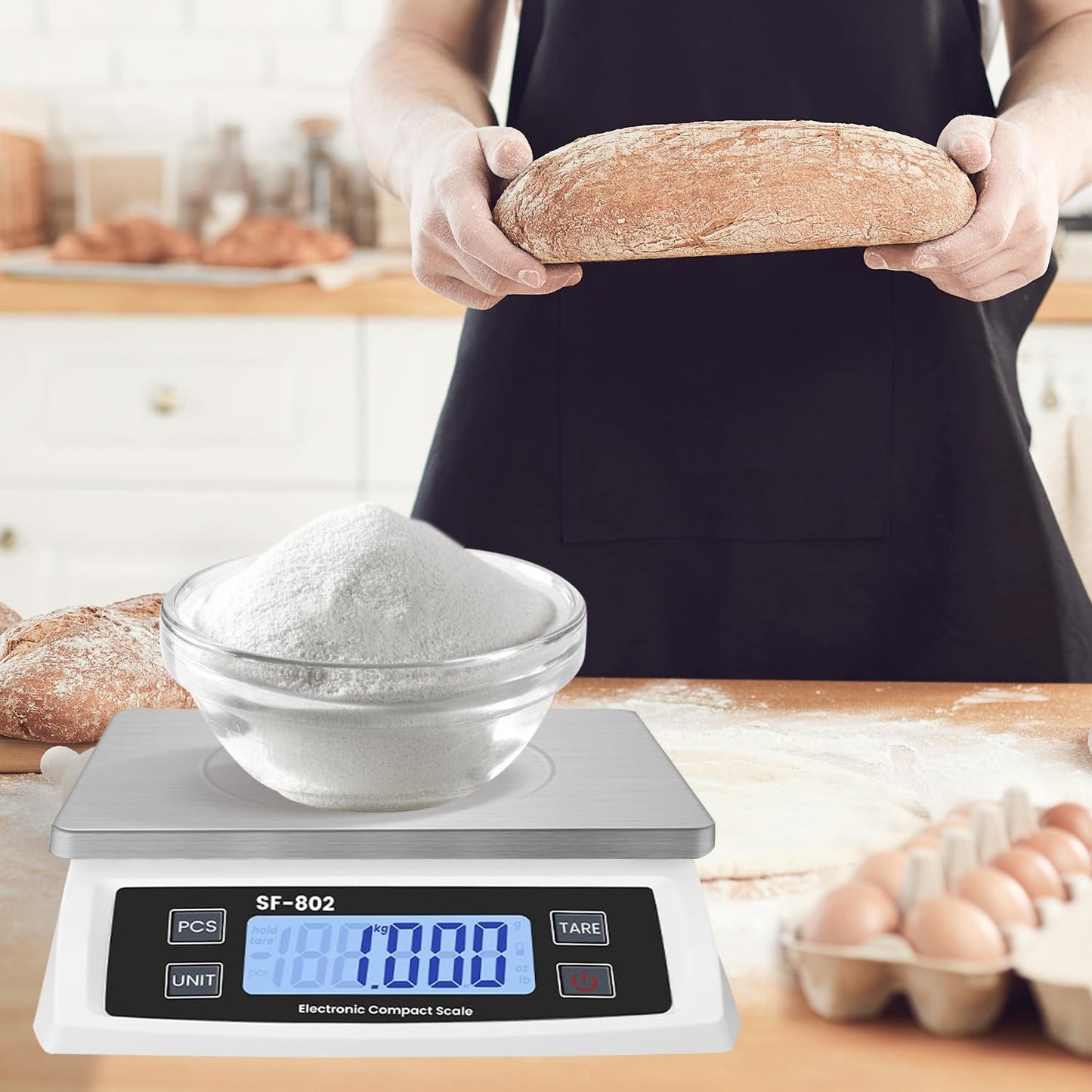 Large 30kg/66lb Food Scale for Baking Cooking Stainless Bread Scale with LCD Display Counting Scales for Coins Adapter Included(Stainless Black)