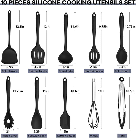 Silicone Cooking Utensils, 10 pcs Kitchen Cooking Utensils Set | Heat Resistant Kitchen Gadgets Tools Set w/Spatula, Turners, Spoons, Soup Ladle, Pasta Server for Nonstick Cookware, Black