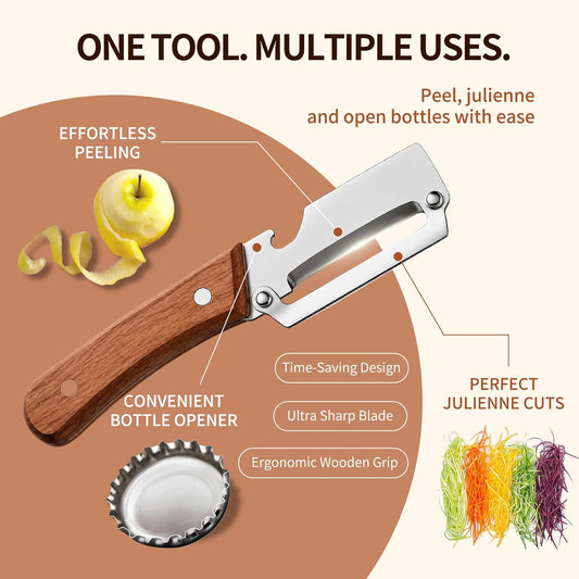 Multi-Functional Vegetable Peeler for Kitchen, Ultra-Sharp Stainless Steel Blade with Wooden Handle and Bottle Opener,2-in-1 Stainless Steel Kitchen Tool for Fruit Apple Potato Pumpkin Papaya