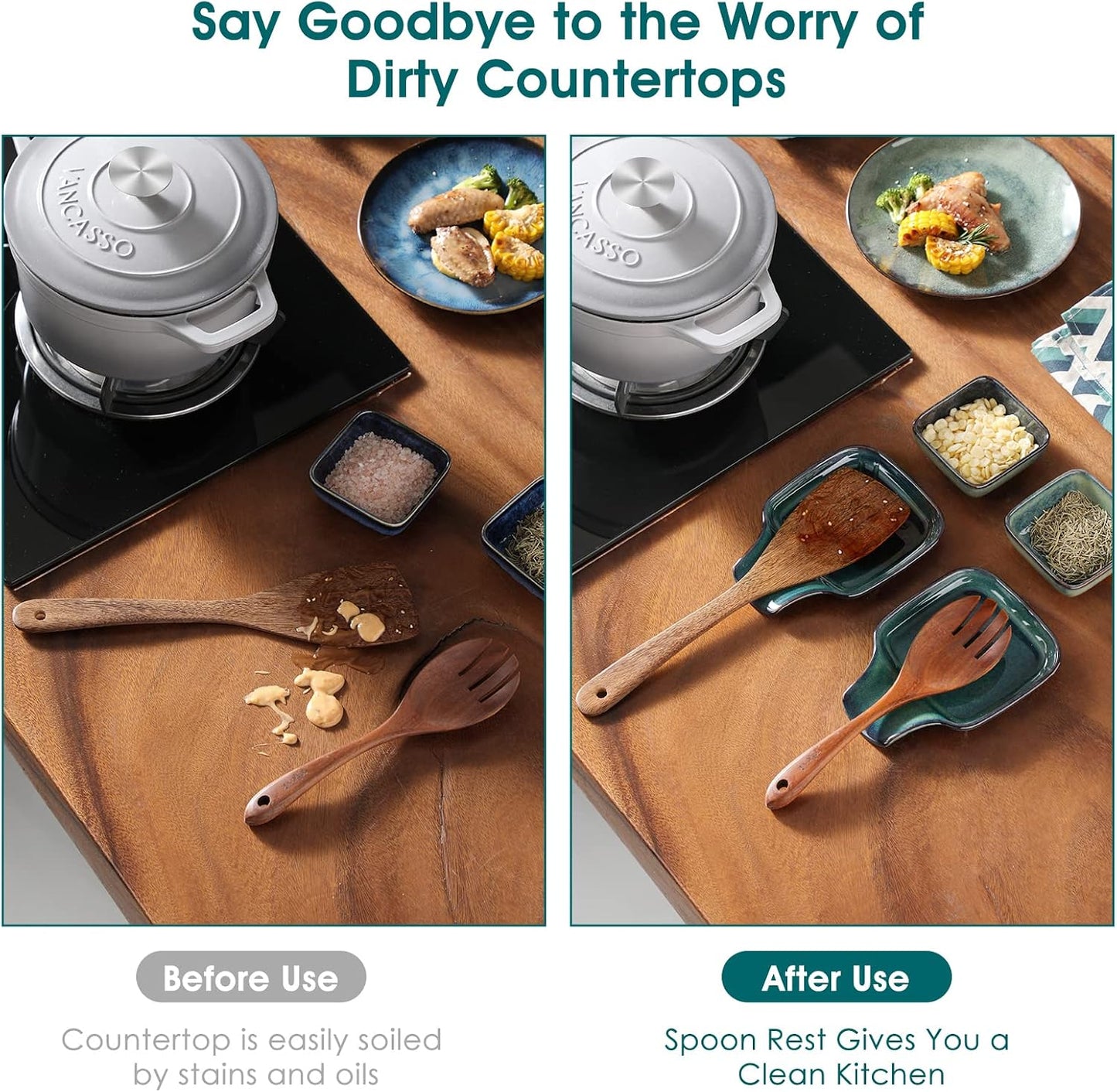 Stern Spoon Rest for Kitchen, Square Ceramic Spoon Holder for Stove Top, Heat Resistant Utensil Rest for Countertop, Dishwasher Safe, Kiln Blue, 2 Pack