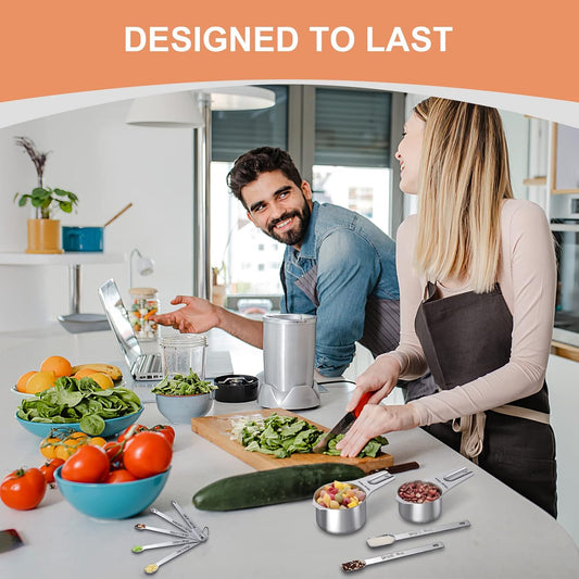 Measuring Cups and Spoons Set, 7 Stainless Steel Nesting Measuring Cups & 7 Spoons, 5 Mini Measuring Spoons &1 Leveler, Kitchen Gadgets for Cooking & Baking, Square