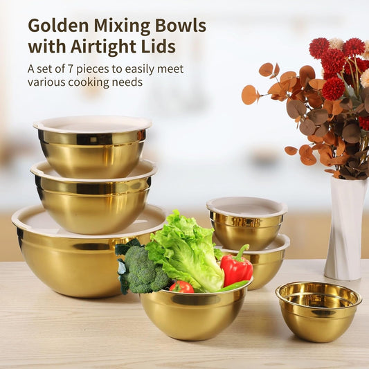 7 PCS Golden Mixing Bowls with Lids Set - Stainless Steel Salad Bowls with Airtight Lids, Mirror Finish Nested Mixing Bowl, 7 Sizes from 1.5 qt to 6.9 qt for Baking, Meal Prep, Food Serving