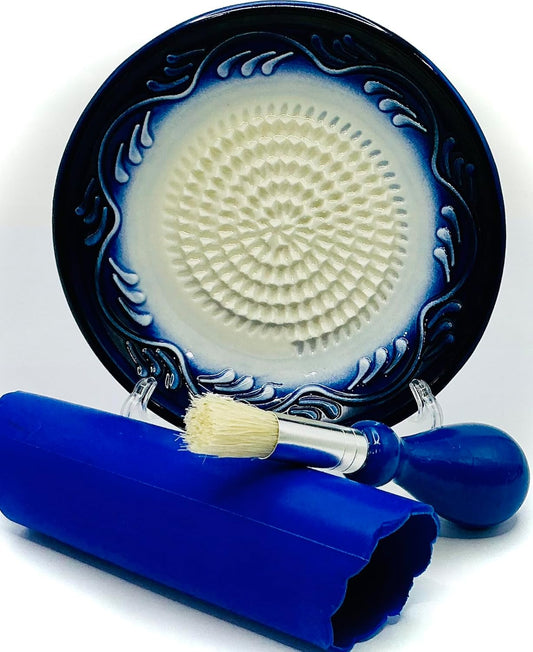 Premium Ceramic Garlic Grater Plate Set - Blue Gradient Floral Edge | Includes 5" Plate, Peeler, Brush, and Stand - For Strawberries, Ginger, Chocolate, Cheese, and more - Make your own puree!