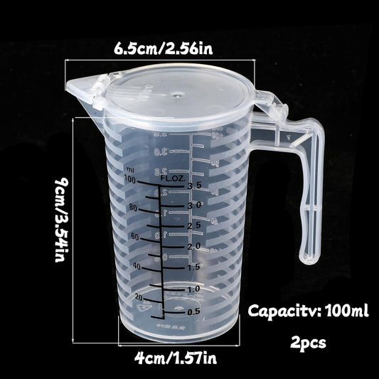100ml Plastic Graduated Beaker, 2 Pack Liquid Measuring Cup with Handle with Lid, Measuring Pitcher Measure Containers for Liquid Mixing, Pet Food, Motor Oil, Laboratory, Kitchen
