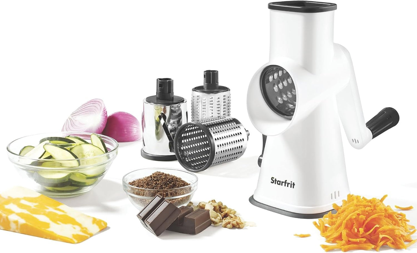 Rotary Drum Grater, 4 Stainless Steel Drums, Slicer & Grater | 4 stainless steel drums. Slice, grate and shave ice. Easy hand crank. Strong suction base. Easy to clean.