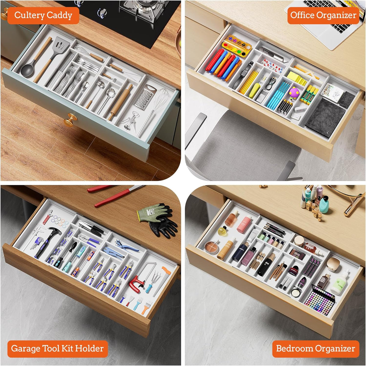 Silverware Organizer Large, Magnetic Connected Expandable 13 Slots Silverware Drawer Organizer From 21 to 37.4 Inches, Adjustable Flatware and Cutlery Holder, Bamboo Utensil Tray for Kitchen Black