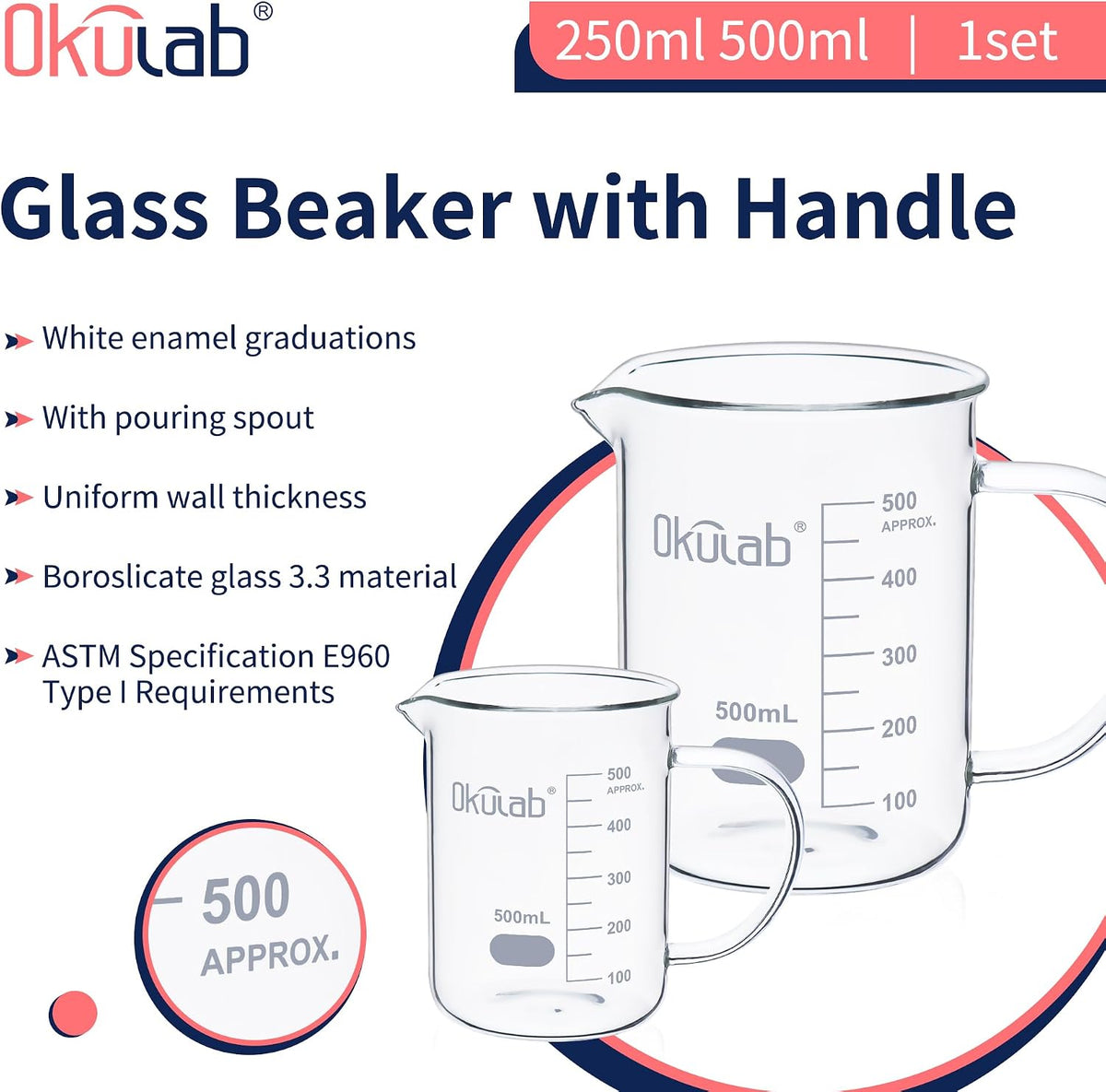 Glass Beakers with Handle, Vol 600ml 3.3 Borosilicate Glass Beaker Measuring Cups with Spout for Laboratories, Classrooms or Home, Lab Beakers, BKLGH600A2