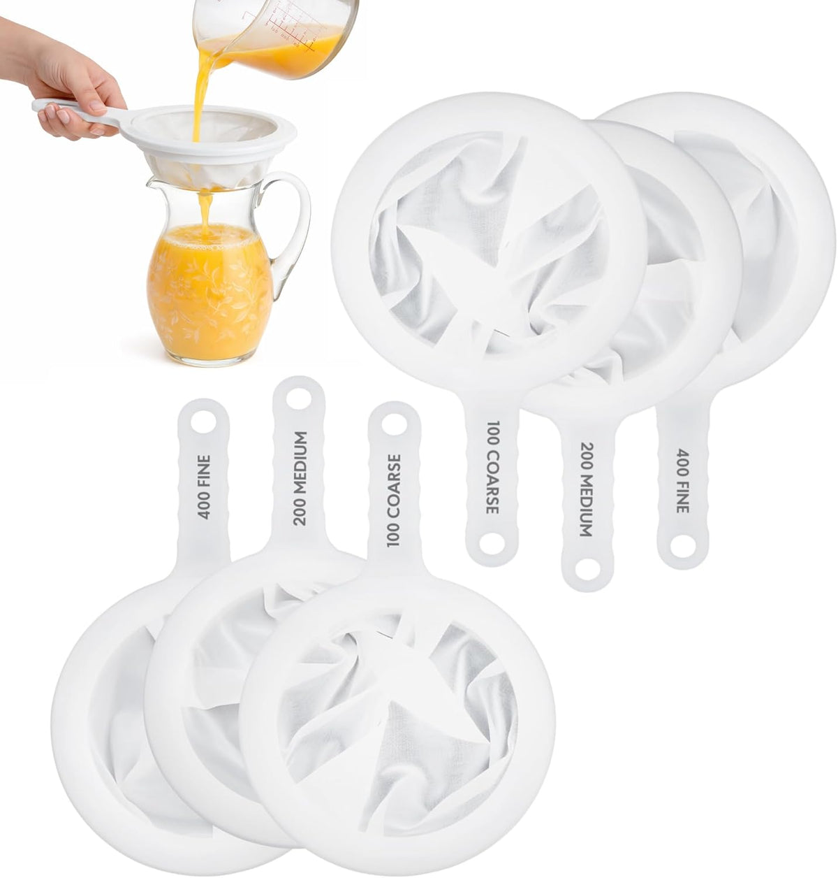 Kitchen Double-Ear Fine Mesh Strainers, 4 Sizes, BPA Free, Non Reactive