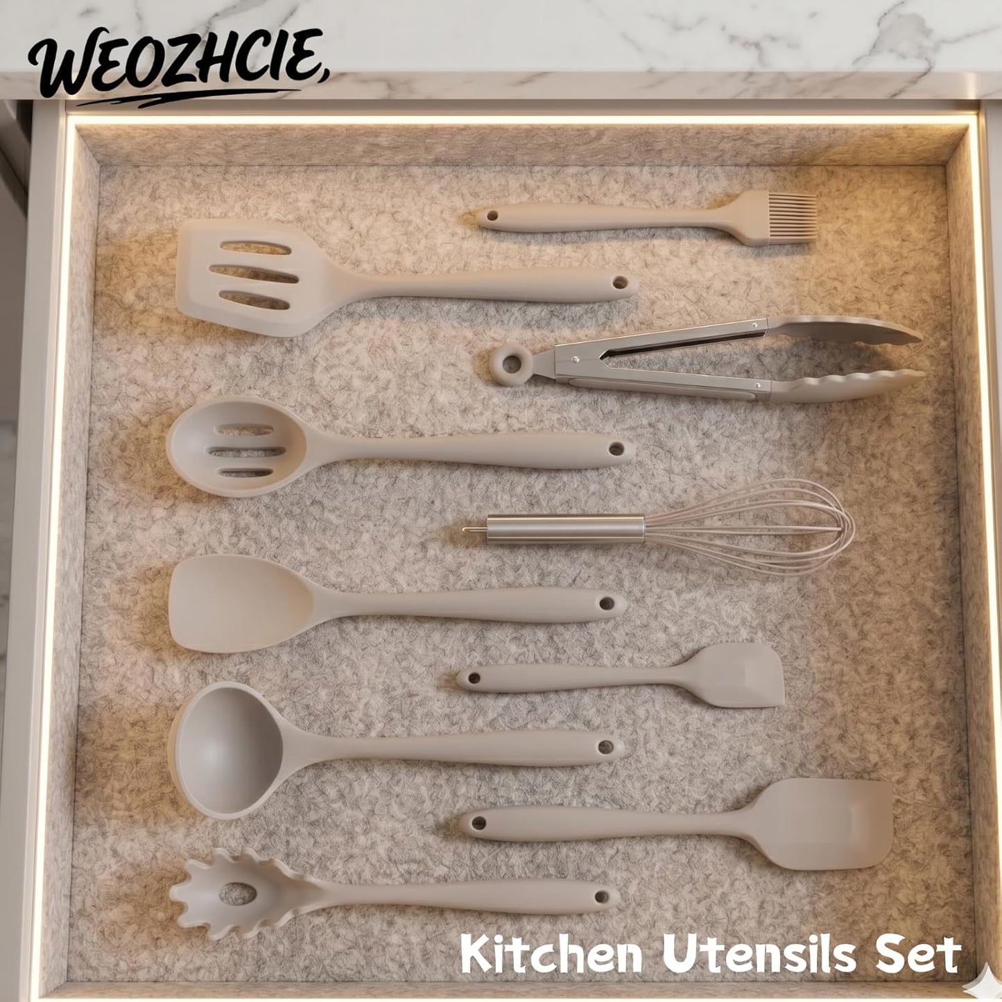 Silicone Kitchen Utensils Set,10 PCS Cooking Kitchen Utensils Set, Nonstick Kitchen Utensils 446°F Heat-Resistant Cookware Kitchen Tools of Spoon,Brush,Whisk,Spatula,Turner Tongs(Khaki)