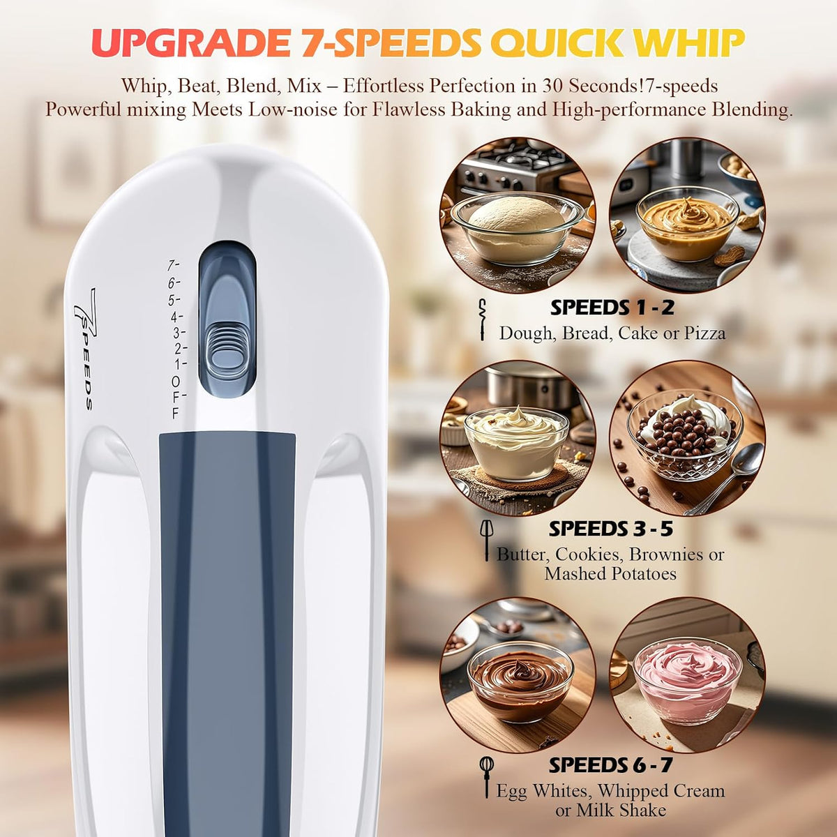 WADODO 7-Speed Electric Hand Mixer – Portable Food Mixer Kitchen Mixer with 304 *(1x Whisk, 2x Beater, 2x Dough hook) for Baking Cakes, Cream, Cookies, PURPLE