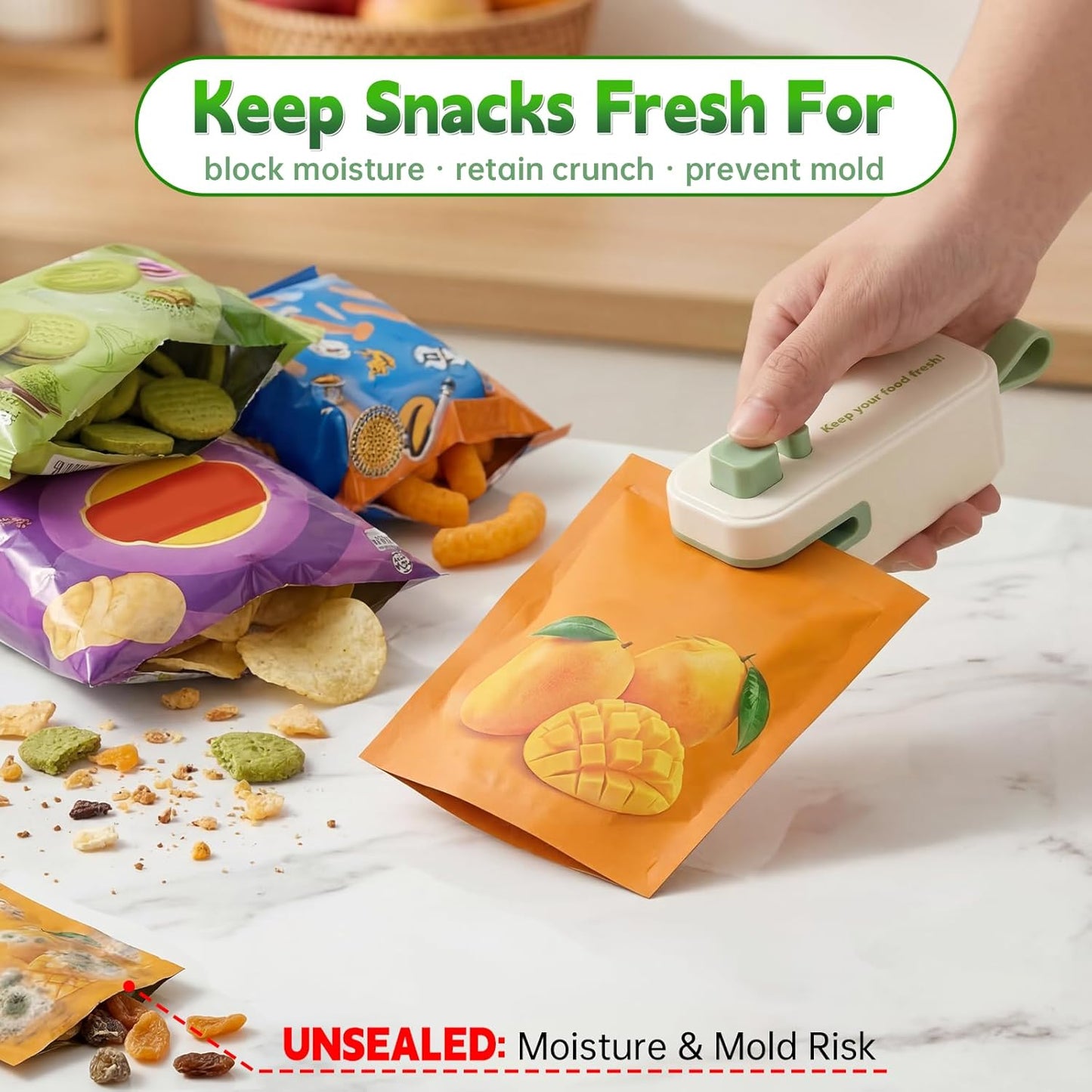 2in1 Mini Bag Sealer, Rechargeable Heat Sealer with Cutter and Magnet | Portable Design ,Bag Resealer for Food Storage ,Snacks Freshness, Use for Kitchen ,Green