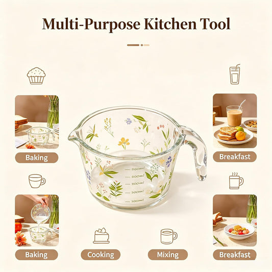Glass Measuring Cup with Handle & Pour Spout, 500ml Glass Decorative Measuring Beaker Cup with Precise Markings, Floral Print Measuring Cup for Baking, Cooking, Mixing (Microwave & Dishwasher Safe)