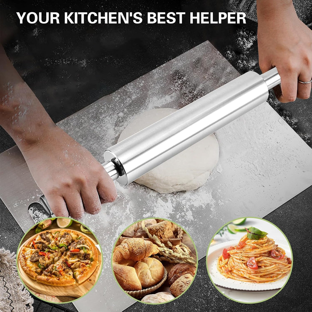 17'' Stainless Steel Rolling Pin, Smooth Dough Roller for Baking, Pizza, Chapati, Cookies, Noodles, Dough Pie, Easy to Clean
