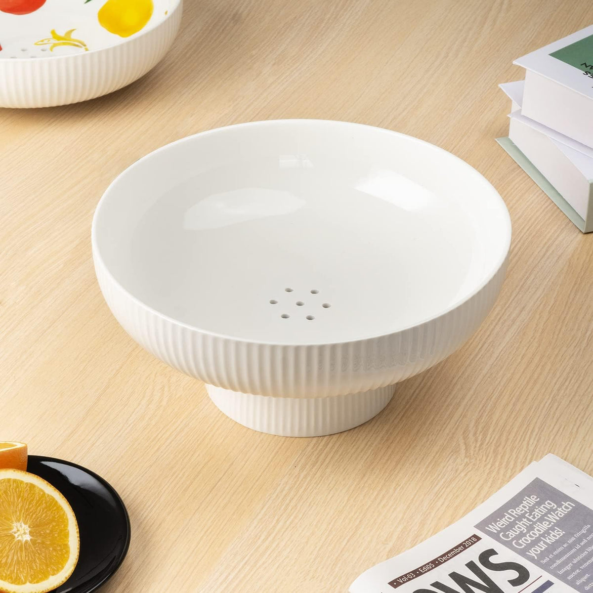 Ceramic Fruit Bowl for Kitchen Counter, Large Fruit Basket with Hole, Grey