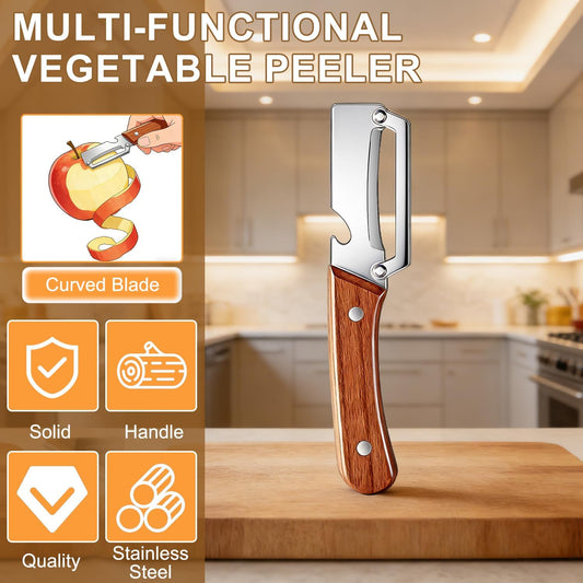2pcs 2026 Upgrade Premium Vegetable Peeler with Wooden Handle and Bottle Opener, Multifunctional 3-in-1 Stainless Steel Kitchen Tool for Fruit Apple Potato Pumpkin Papaya