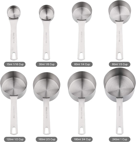 Measuring Cups Set, 18/8 Stainless Steel Measuring Cups and Spoons Set, 8 Kitchen Measuring cups & 9 Baking Measuring Spoons & Magnetic Conversion Chart&Leveler&Rings-Metal Measure Cups&Spoons