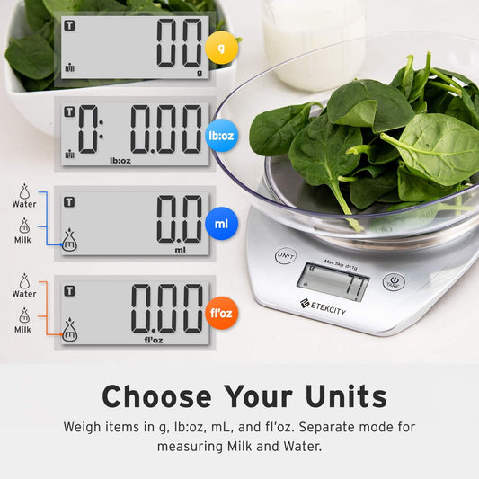 Food Kitchen Scale Bowl, Digital Ounces and Grams for Cooking, Baking, Meal Prep, Dieting, and Weight Loss, 11lb/5kg, Silver