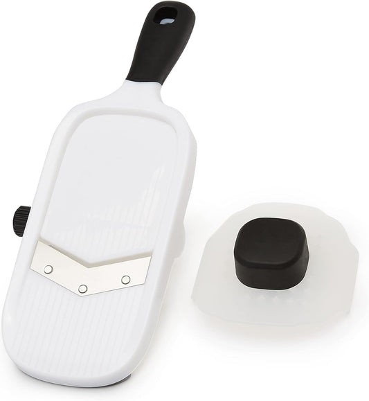 Hand-held Safe Mandoline Slicer for Vegetables and Fruits, Adjustable Thickness, Stainless Steel Blade, White, 11.3" x 4.5" x 2.5"
