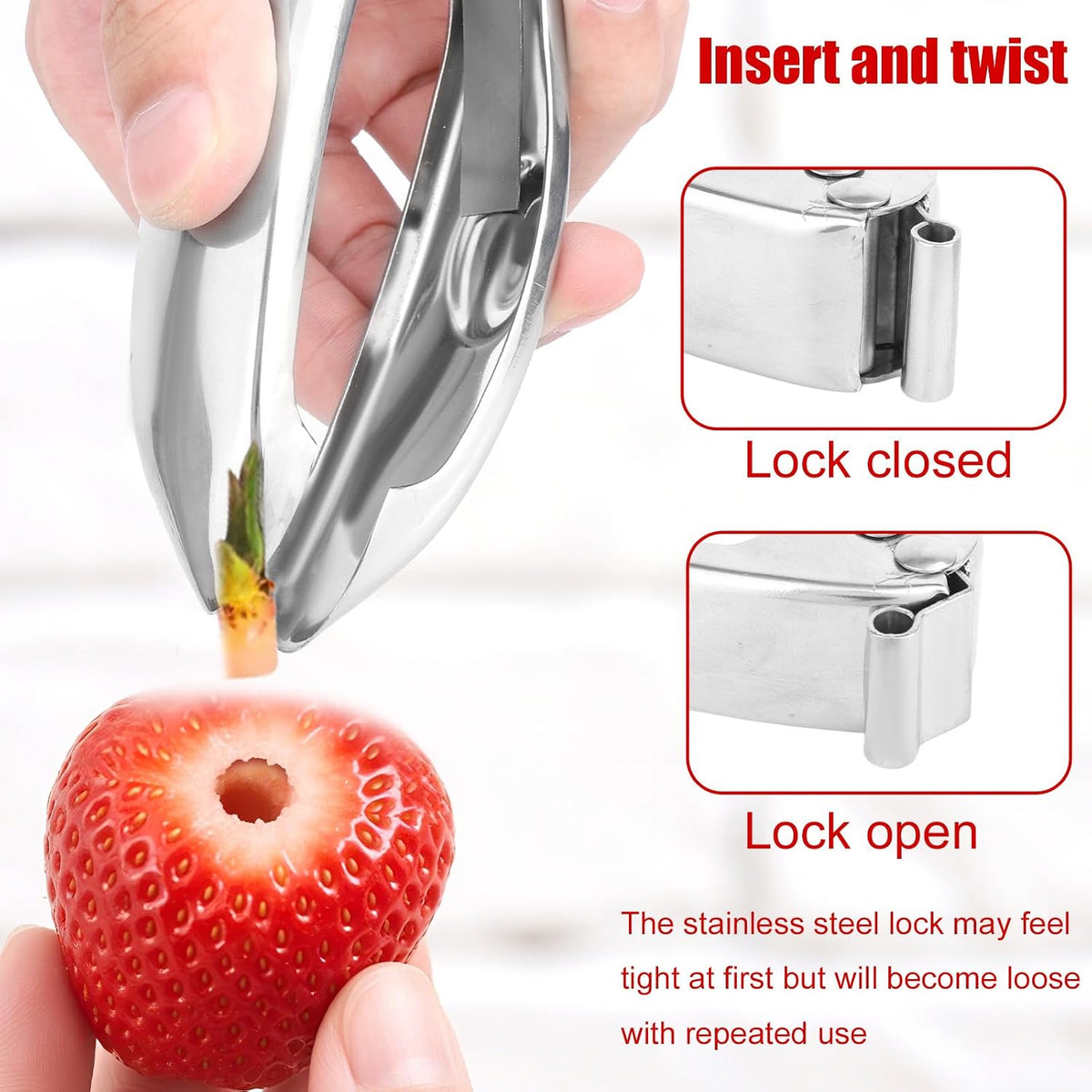 Strawberry Huller, 304 Stainless Steel Fruit Tomato Picker Stem Top Corer Remover with Safety Lock Ergonomic Non-Slip Handle Multi Function Coring Tool & Kitchen Gadget Cutter Knife