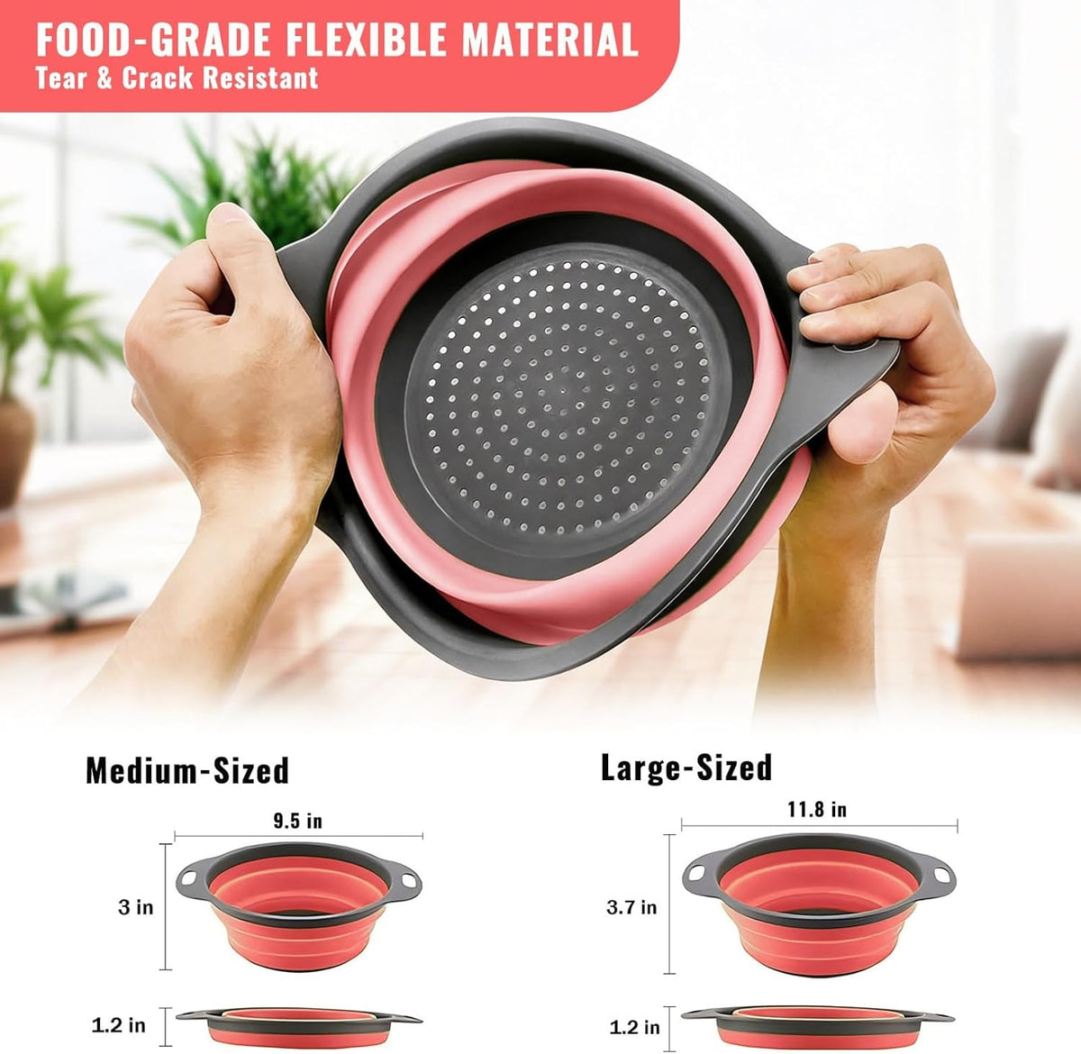 Collapsible Colander Set of 2, Space Saving Foldable Kitchen Strainer Baskets with Non-Slip Base, Thickened PP+TPE Collapsible Strainers for Pasta, Vegetables, Fruits, Rice (Green)