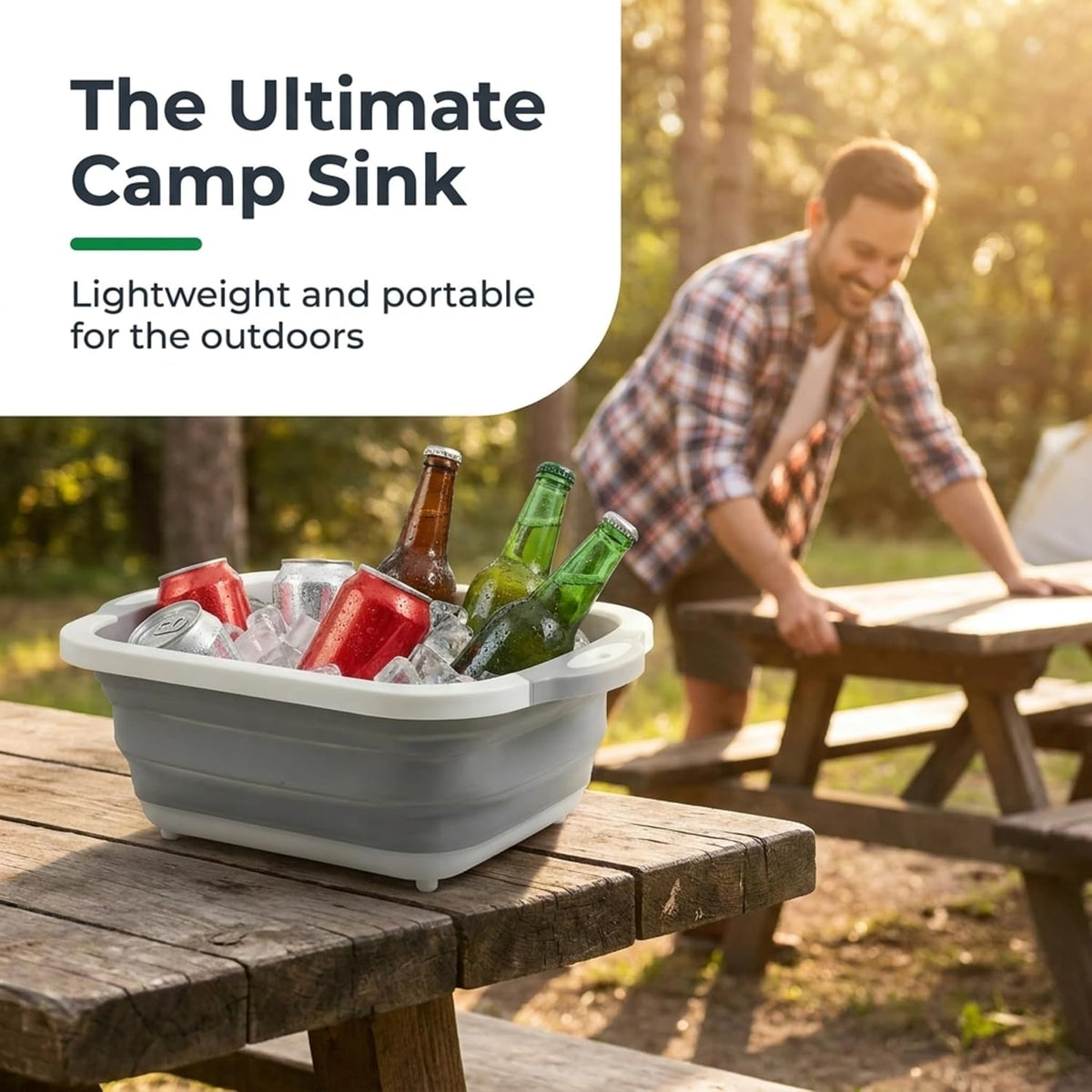 Collapsible Cutting Board & Wash Basin – 3-in-1 Foldable Kitchen Sink with Drain Plug – Portable Dish Tub for Kitchen & Camping
