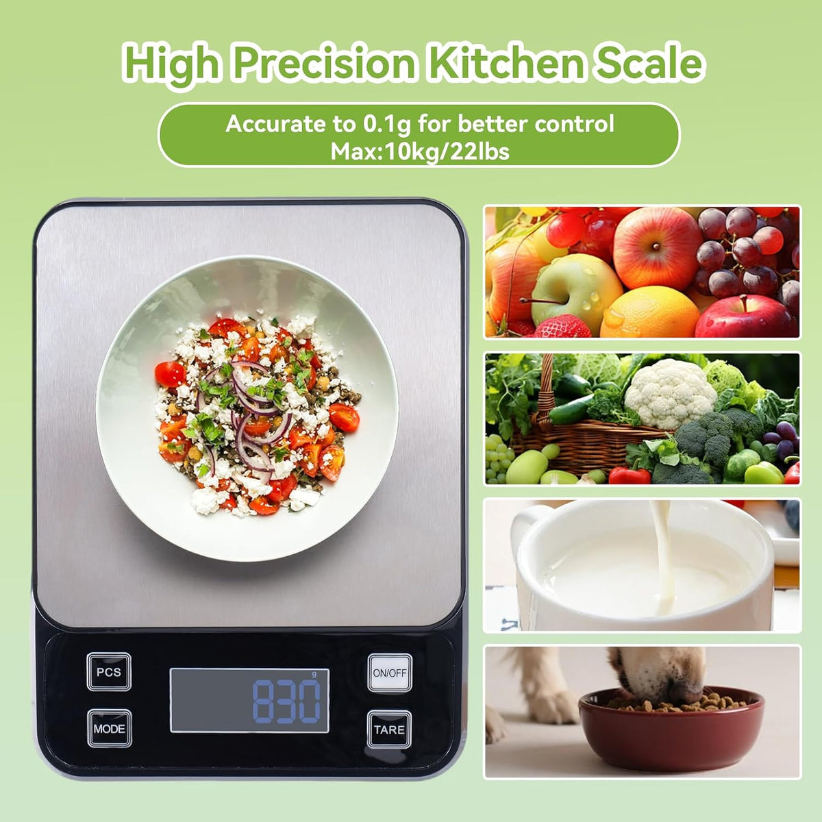 Digital Kitchen Scale, 33lb Food Scale Precisely Measures Grams and Ounces for Baking, Cooking, and Meal Prep, Rechargeable 304 Stainless Steel with LCD Display, Batteries and USB Charging Included
