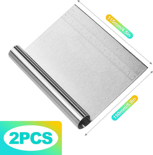 2 Pack Stainless Steel Dough Cutter & Pastry Scraper, Bench Knife with Measuring Scale, Multipurpose Food Chopper for Bread, Pizza & Cake, Professional Baking Tools