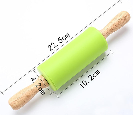 Silicone Rolling Pin, Green 9 Inch Pin with Wooden Rotatable Handle for Dough of Baking Bread, Cookie, Pizza (green, 9 inch)
