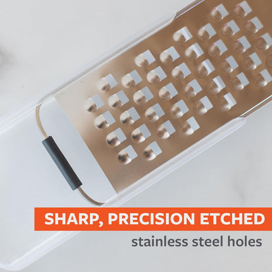 Stainless Steel Catch-All Precision Grater with Innovative Food Catcher - Effective Grating Perfect for Cheese, Vegetable, and Potato, Dishwasher Safe