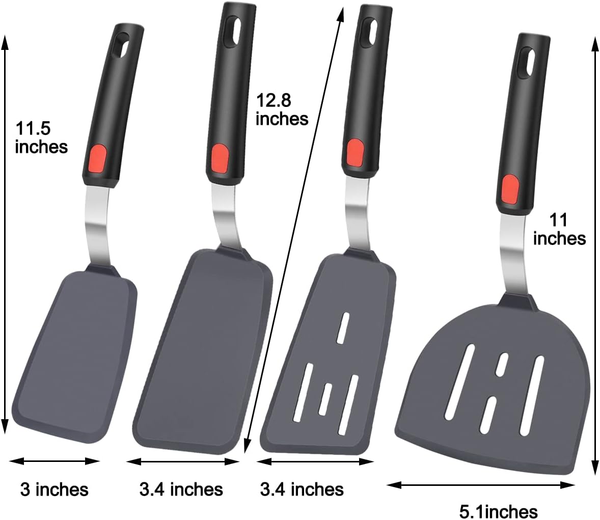 KLAQQED 4Pcs Spatula Silicone Heat Resistant Flexible Rubber Silicone Spatulas for Nonstick Cookware, Burger Pancake Spatula Turner Large Spatulas Set for Cooking Kitchen Utensils Set Black