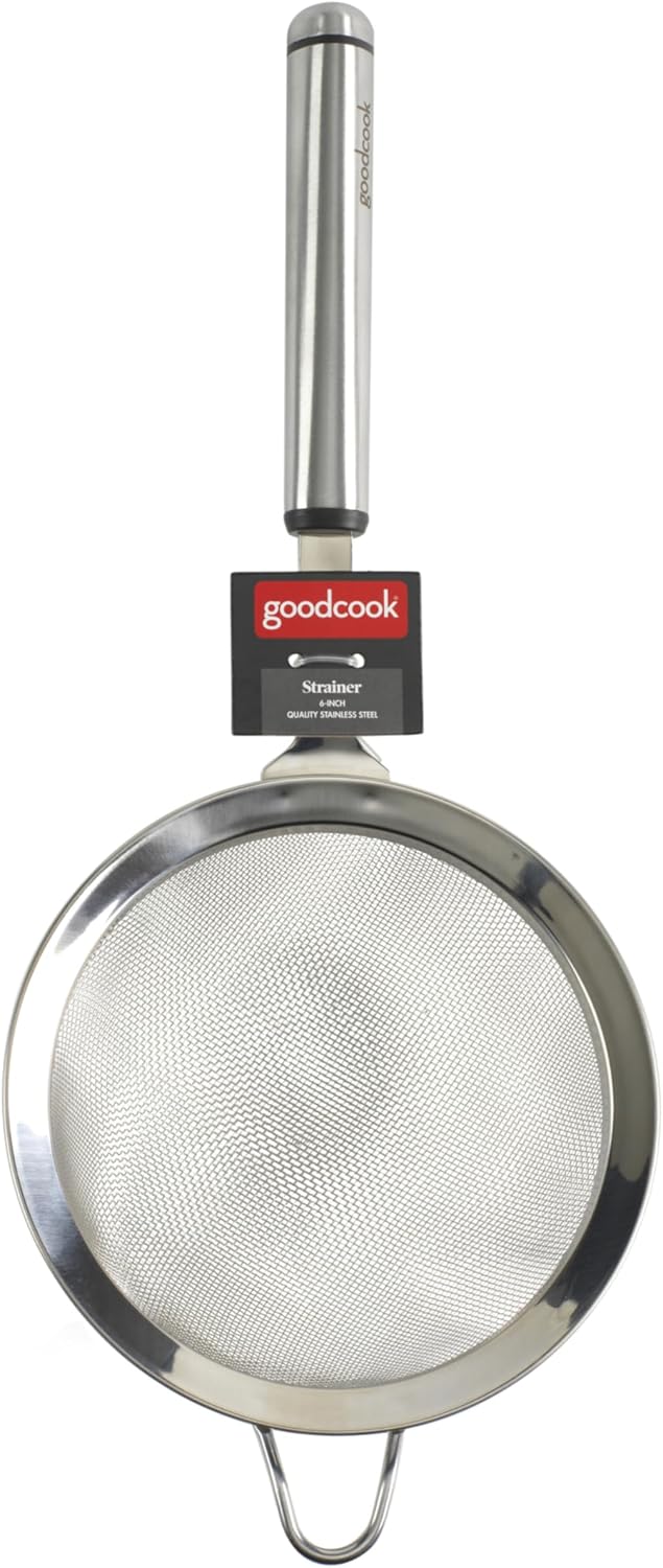 Gourmet 6-inch Hand Strainer, Stainless Steel Diamond Shaped Ergonomic Handle with Hang Loop