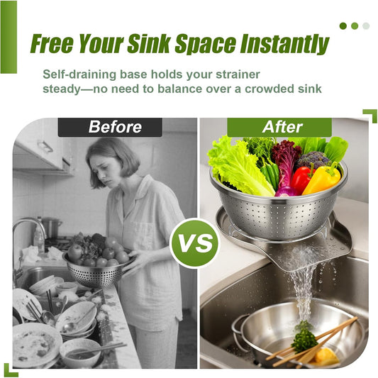 Stainless Steel Colander Set with Self-Draining Base, 3 Sizes Colanders & Food Strainers for Pasta, Rice, Fruits & Veggies, Metal Colander with Draining Plate for Sink or Countertop