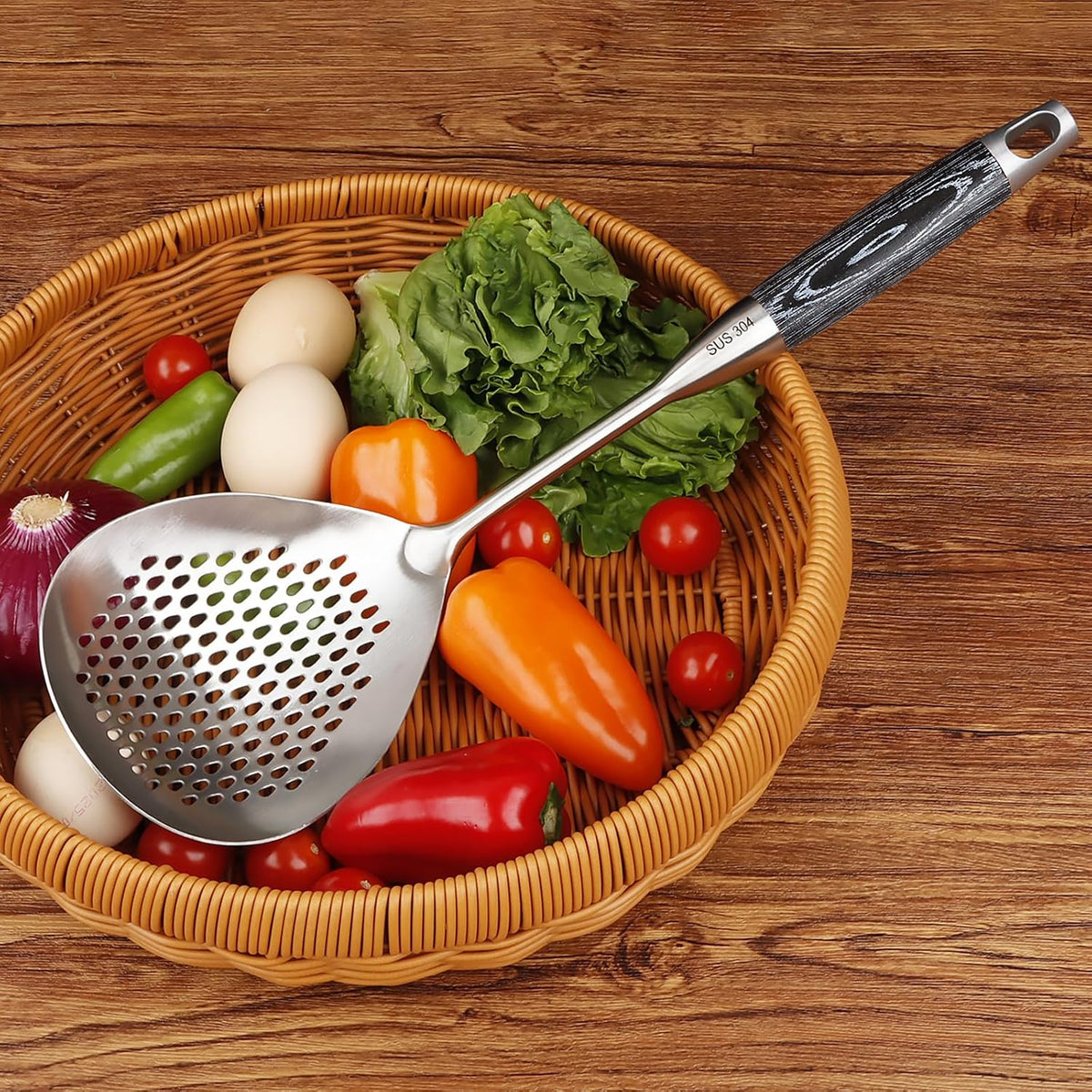 Skimmer Slotted Spoon, 304 Stainless Steel Spider Strainer Skimmer Ladle Spoon for Cooking and Frying, Pasta, Spaghetti, 4.3 inch, Dishwasher safe