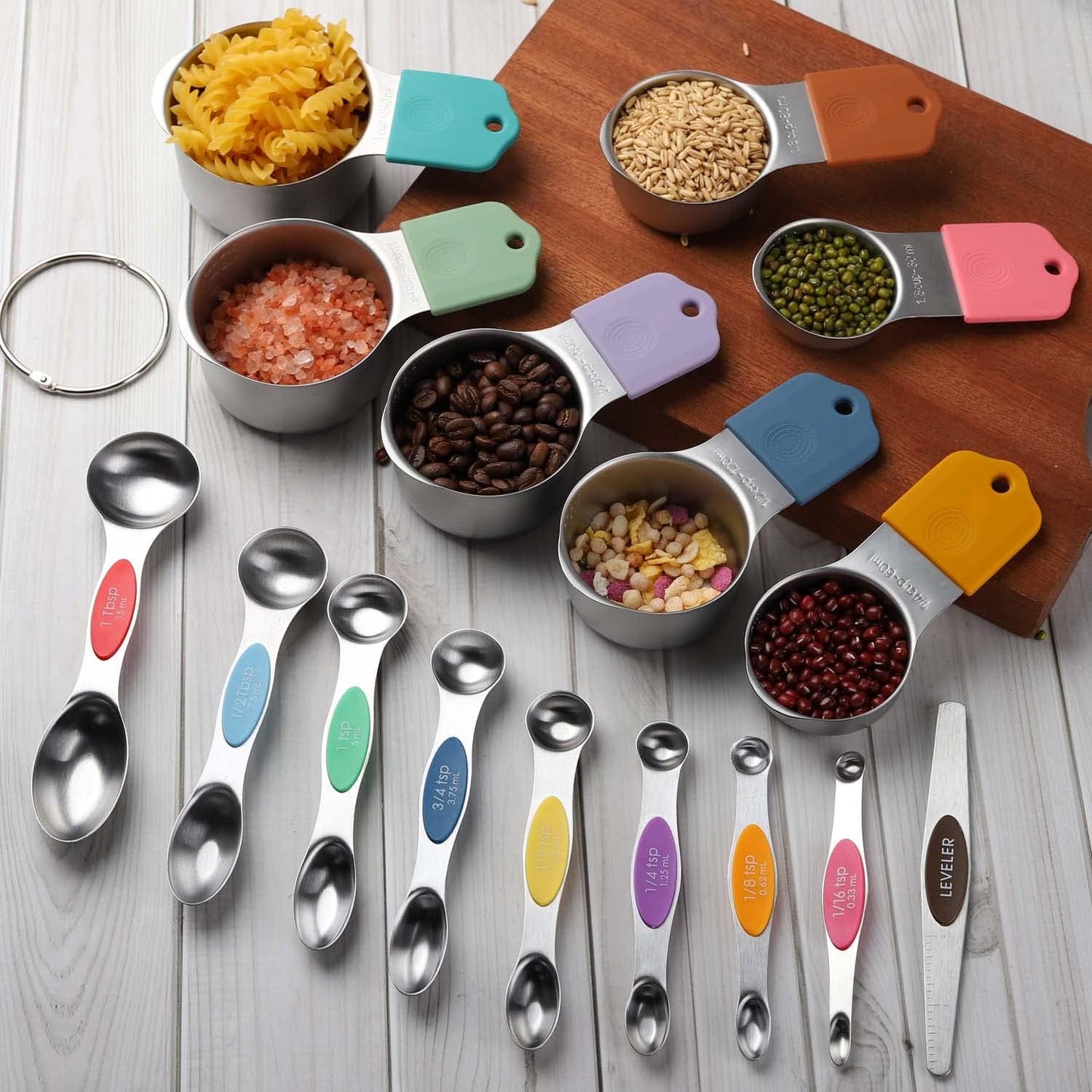 Magnetic Measuring Cups and Spoons Set Including 7 Stainless Steel Stackable Measuring Cup 8 Double Sided Magnetic Measuring Spoons with 1 Leveler for Dry and Liquid Ingredients (black)