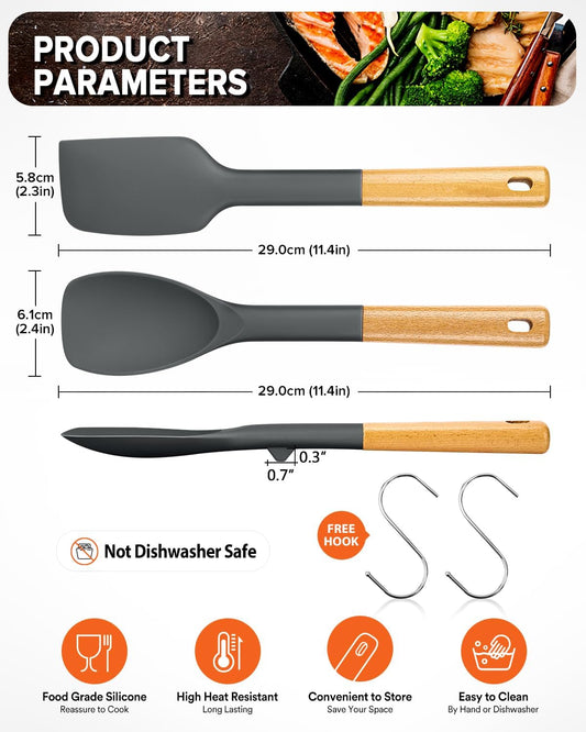 Silicone Spatula and Spoonula Set, Great For Stirring, Tough Mixing and Folding, Sturdy Bpa-Free Matte Silicone, Wooden Handle Rubber Scraper For Nonstick Cookwares (Grey)
