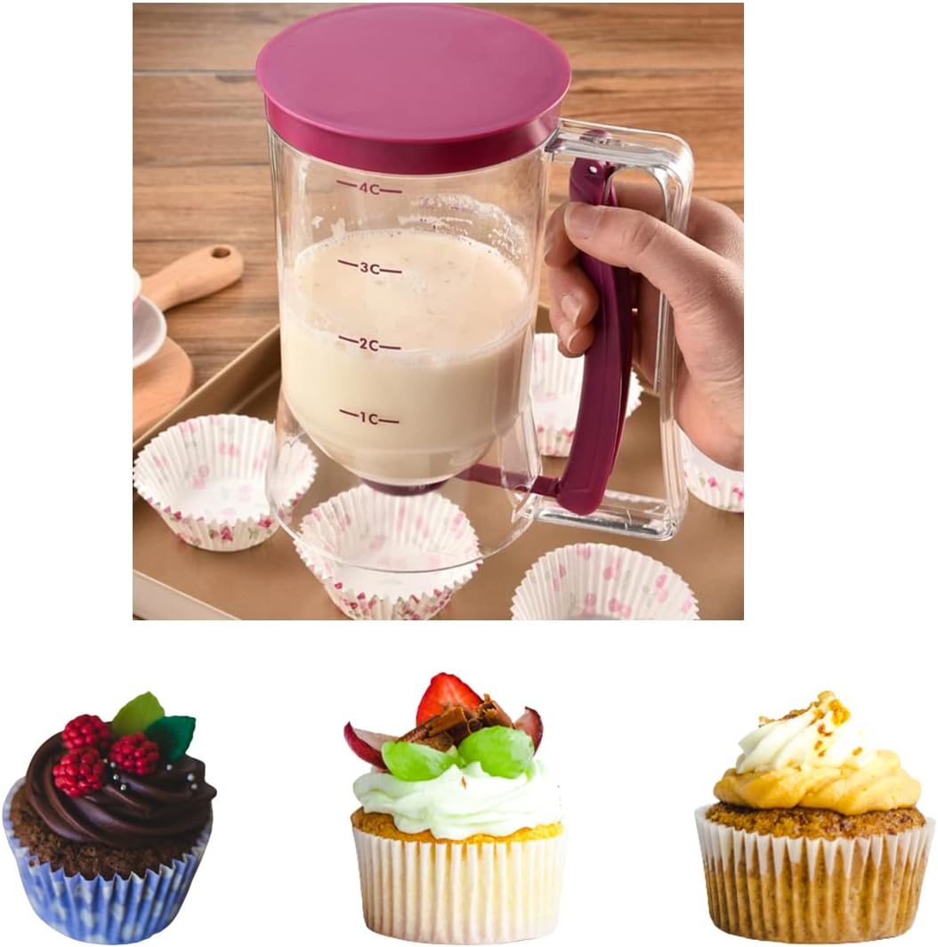 Pancake Batter Dispenser, Pancake Dispenser with Measuring Label, Plastic Batter Dispenser with Cleaning Brush for Cupcakes, Waffles, Muffin Mix, or Any Baked Goods