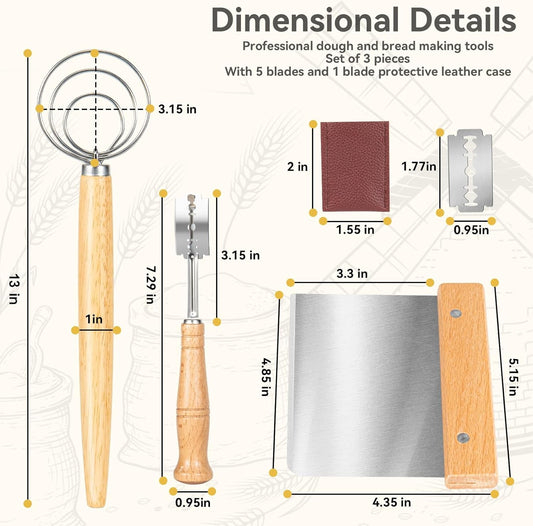 Danish Dough Whisk - Bread Whisk Set of 3 pieces, Bread Making Tools and Supplies, Danish Sourdough Whisks, Dutch Whisks for Dough, With Dough Scraper Sourdough Cutter, Lame Doughs Scoring Tool Blades