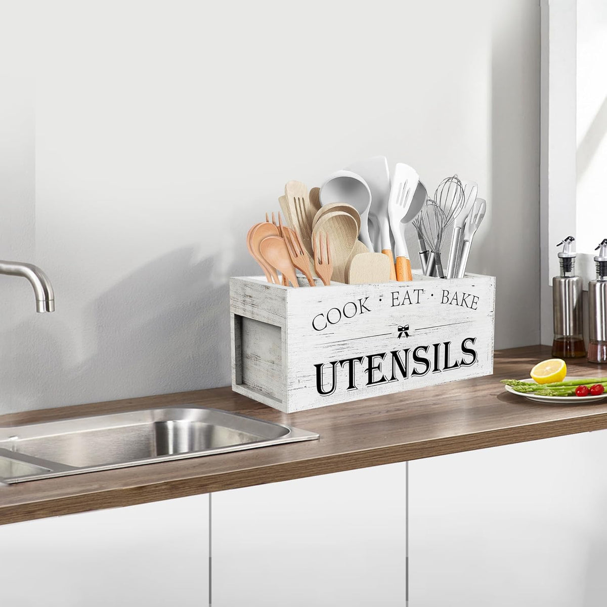 Extra Large Utensil Holder Countertop for Kitchen Counter,Acacia Wood | Hold 40 Utensils,4 Removable Divider,Rutic Silverware Organizer Caddy,Spacesaving,Farmhouse Cooking Crock for Spatula,Spoon