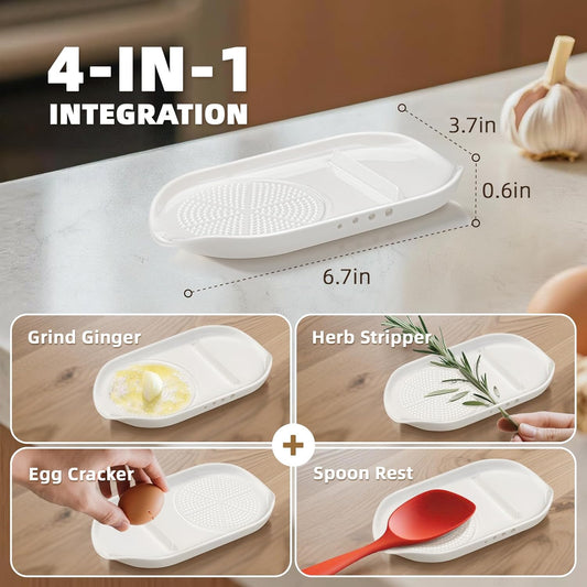 Garlic Grater Plate, 4 in 1 Ceramic Egg Cracker, Spoon Rest, Herb Stripper Bowl for Kitchen, Porcelain Garlic Ginger Grater with Brush & Silicone Pad for Grinding Wasabi, Ginger, Garlic, Cheese