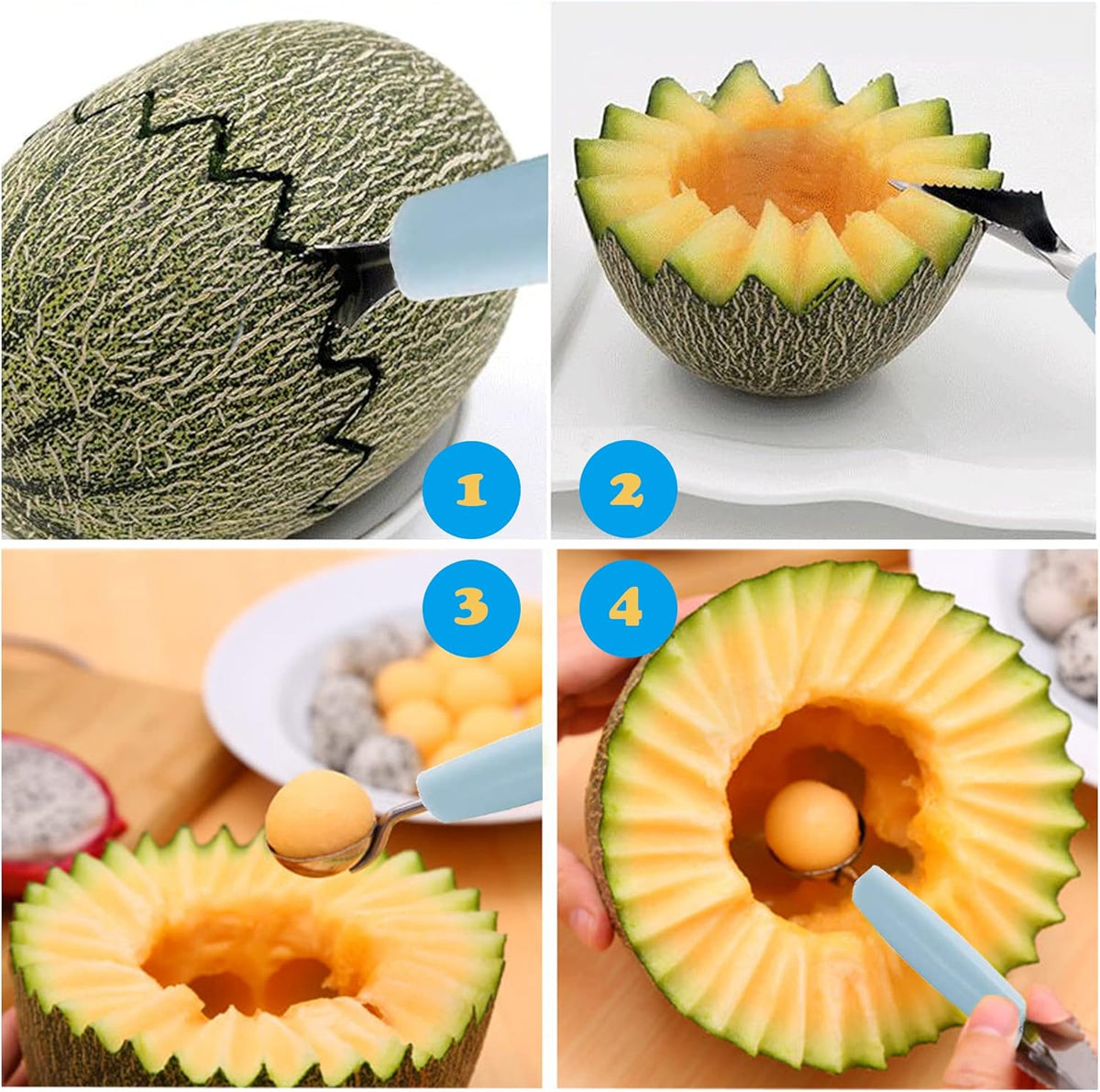 2 Pack Double Ended Headed Fruit Icecream Ball Spoon,Stainless Steel Melon Baller,Smooth Round Melon Balls Melon Scoop for Watermelon, Ice Cream, Fruits, Sorbet, Meatball