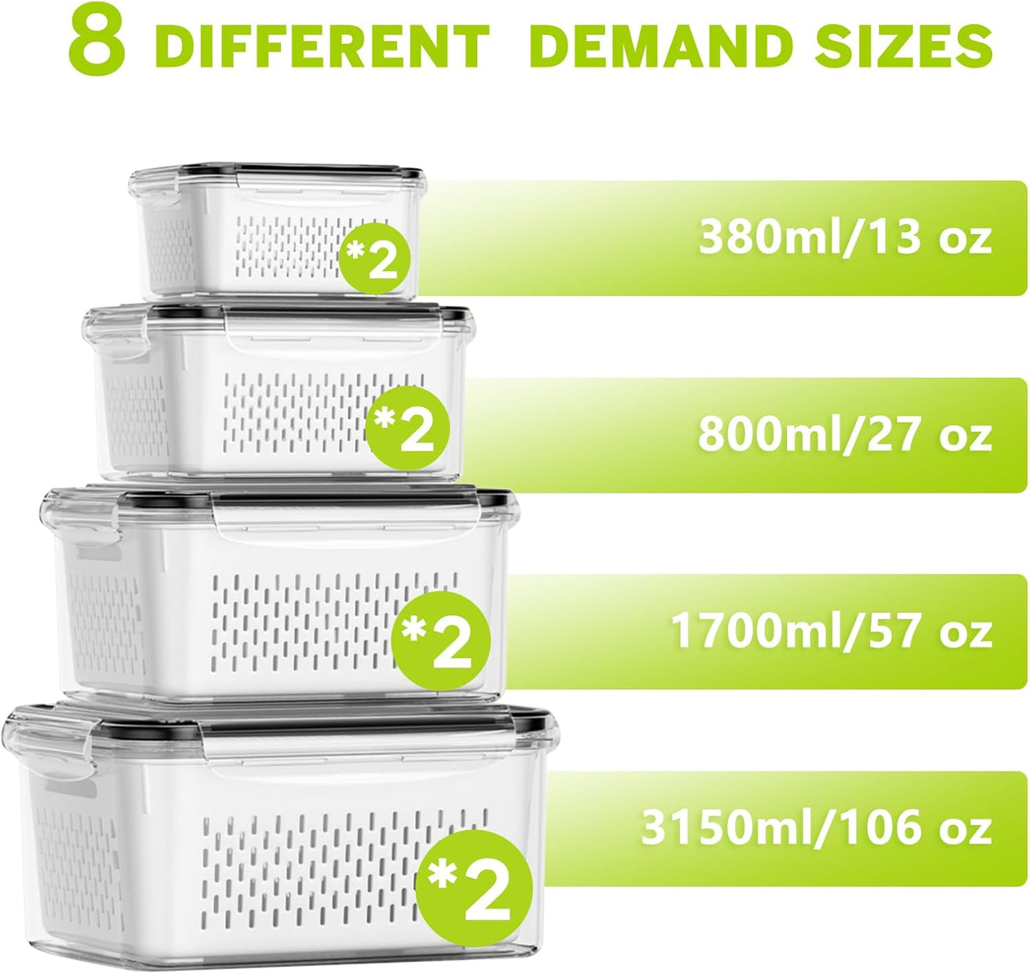 5 Pack Fruit Storage Containers for Fridge, Plastic Fruit Containers Set | with Removable Colanders, Leakproof Fridge Organizers and Storage for Berry Vegetables Salad Lettuce Meat, Dishwasher Safe