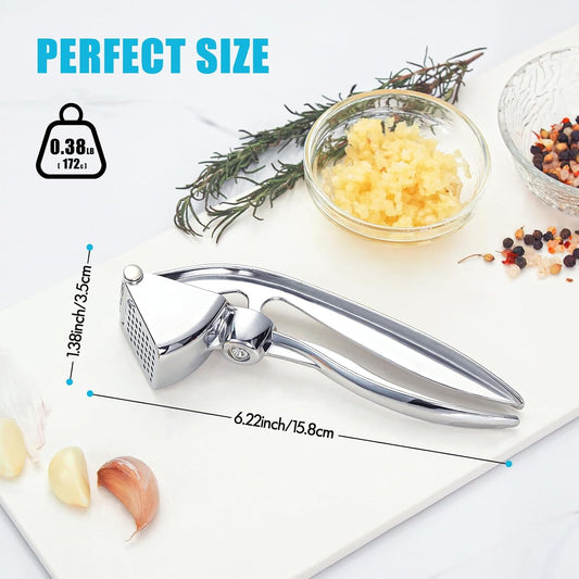 Garlic Press, Premium Metal Garlic Crusher Tool, Heavy Duty Garlic Mincer with Ergonomic Handle, Rust Proof & Dishwasher Safe, Easy to Squeeze and Clean -Silver