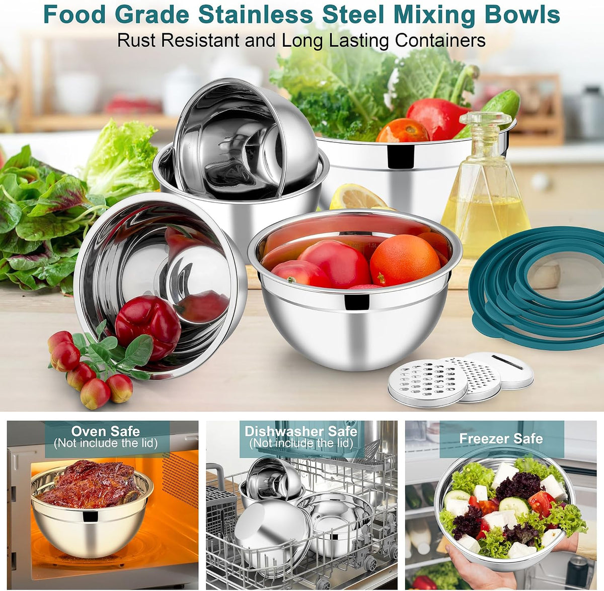 Mixing Bowls, Stainless Steel Salad Mixing Bowl with Lid & Grater Set