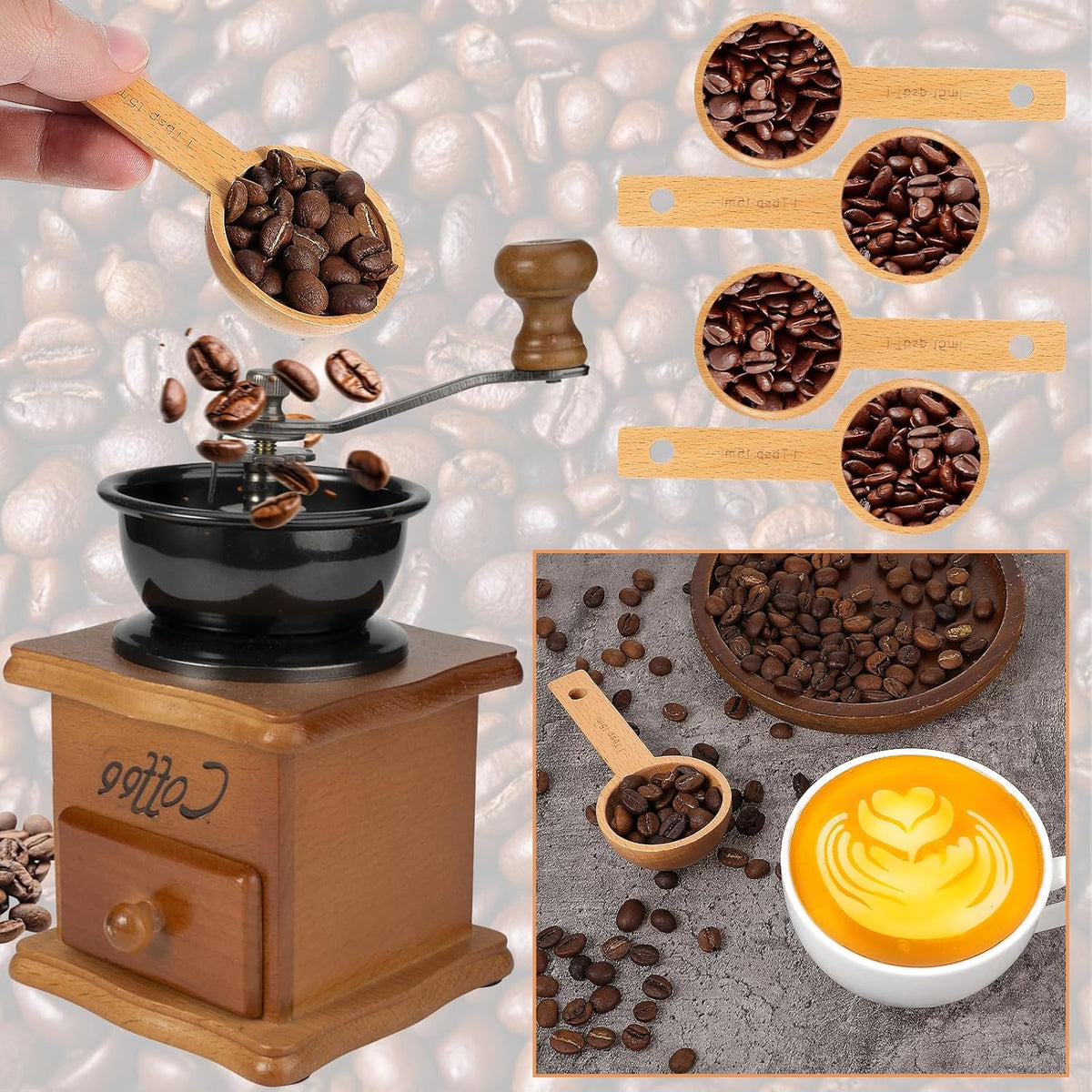 4 PCS Wooden Measuring Spoons Coffee Measuring Scoop Wooden Scoops for Jars 1 Tablespoon Beech Coffee Scoop Small Sugar Scoops for Canister for Ground Coffees Beans Sugar Tea Bath Salt Containers