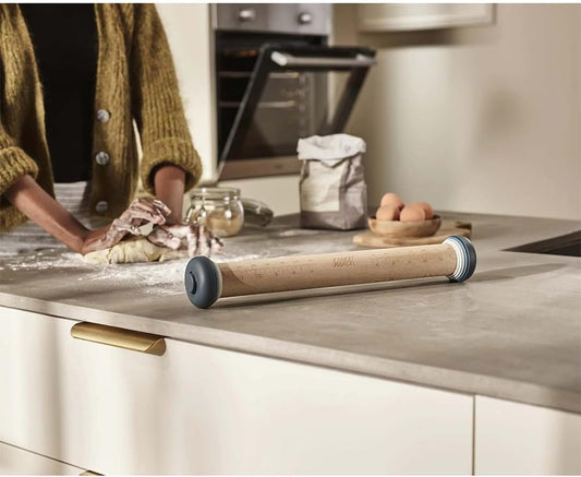PrecisionPin - Rolling Pin with adjustable pastry thickness, Baking and dough rollers, Beech Wood, Pastel Blue