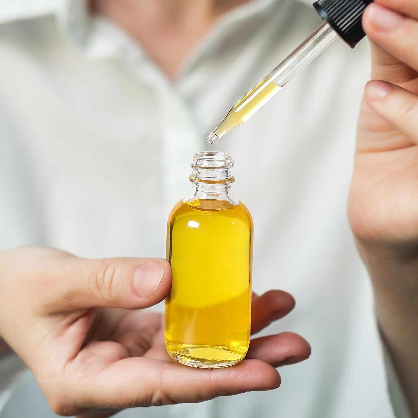 4 Pcs, 1 oz Golden Cap Clear Dropper Bottles (30ml) with 1 Funnel & 4 Labels - Glass Tincture Bottles with Eye Droppers - Leakproof Essential Oil Bottles for Health, Personal Care & Beauty