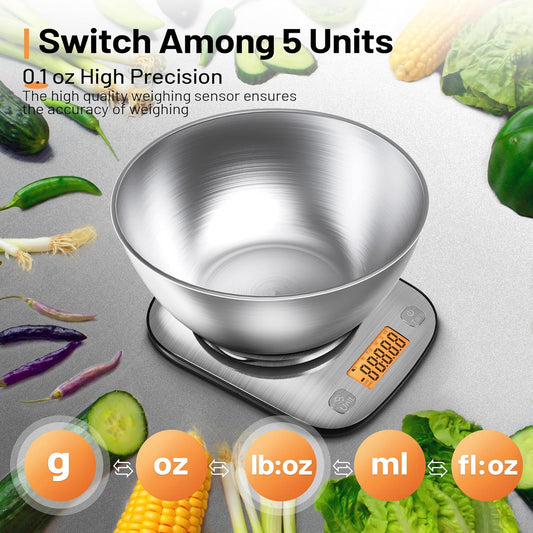 Food Kitchen Scale Digital Weight Grams and Oz 11lb/0.01oz | With IPX6 Waterproof,Professional Stainless Steel Digital Kitchen Food Scale With Bowl For Weight Loss Dieting Baking Cooking